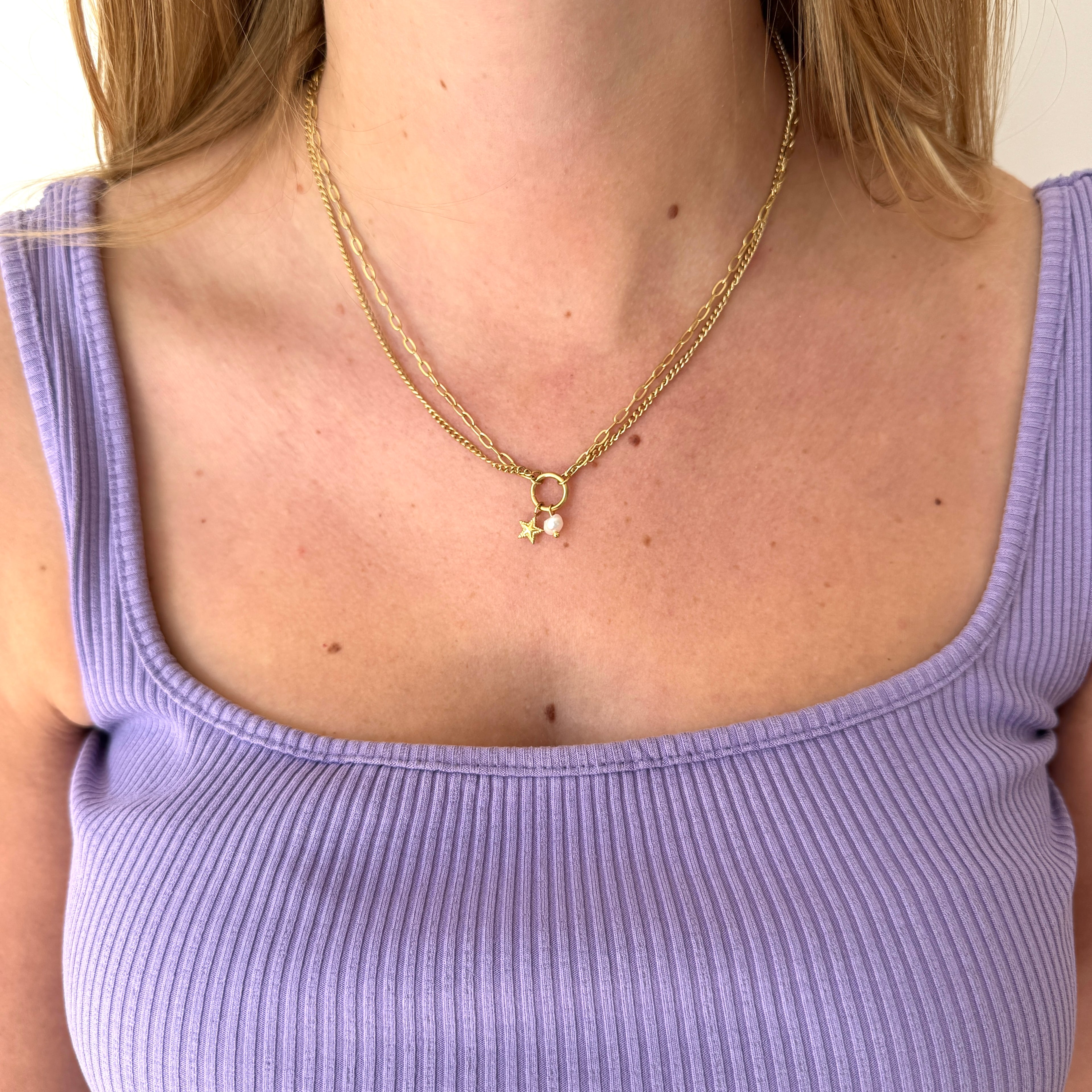 Dubbele ketting met parel en sterretje
