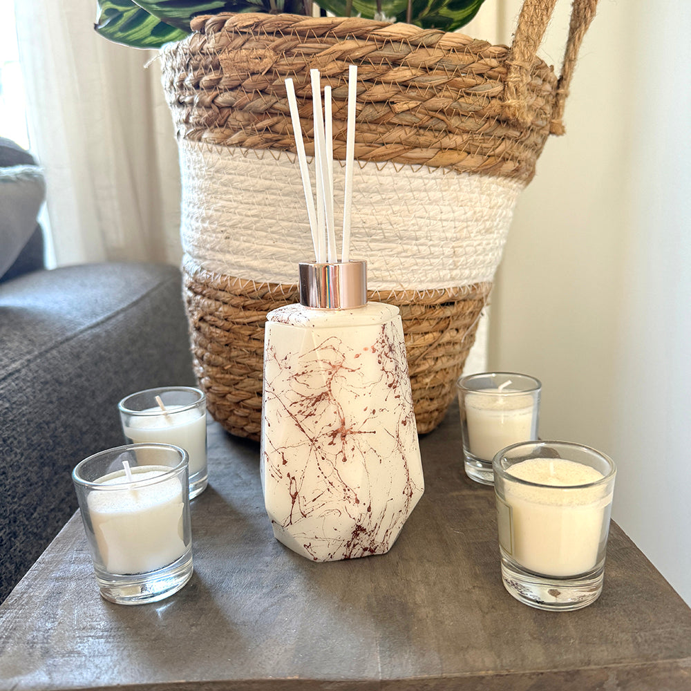 Geurstokjes houder zes-kant wit marmer look