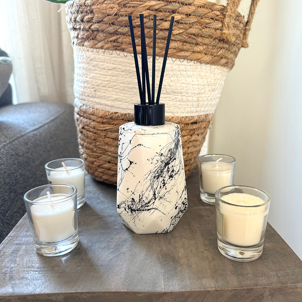 Geurstokjes houder zes-kant wit marmer look