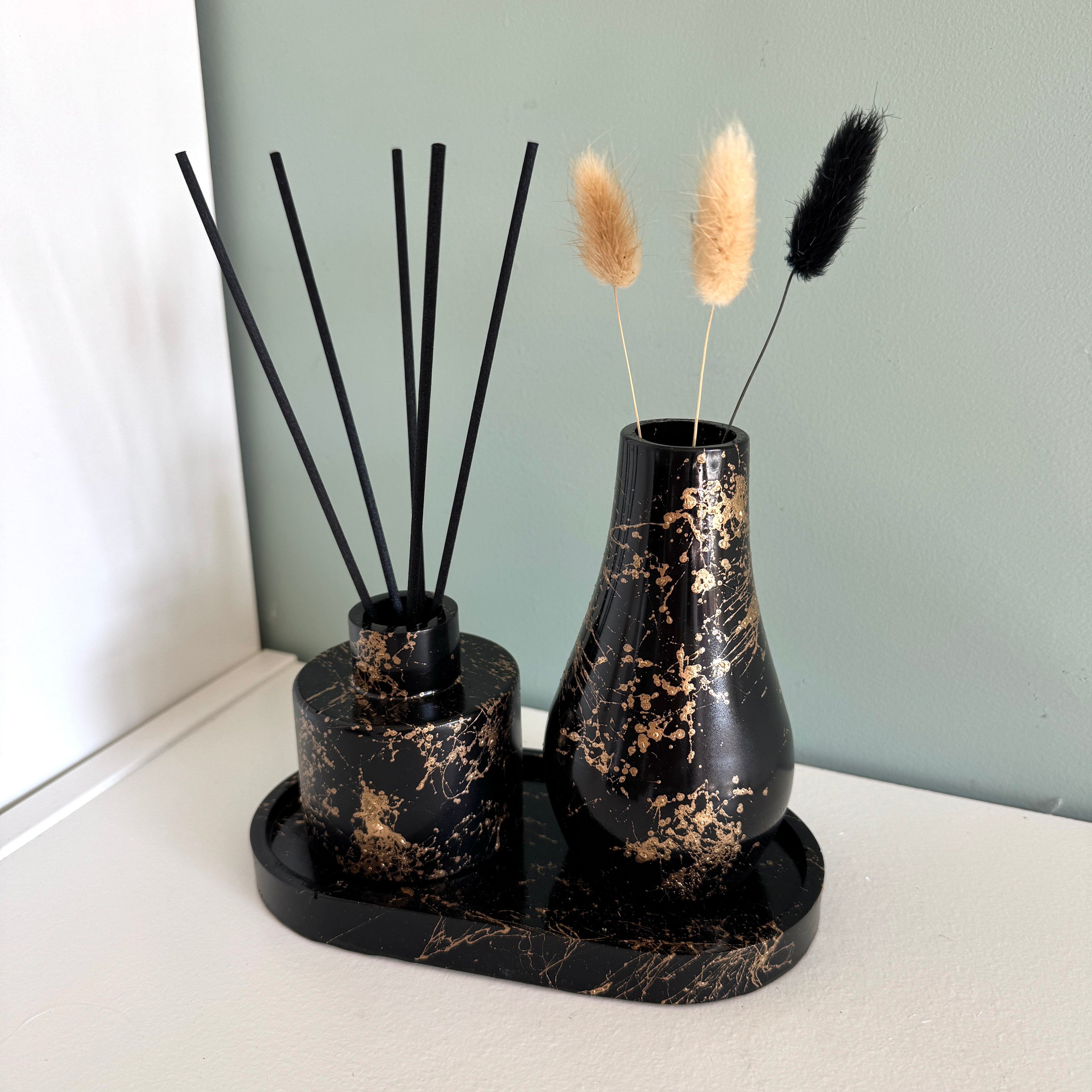 Geurstokjes houder klein rond zwart marmer goud