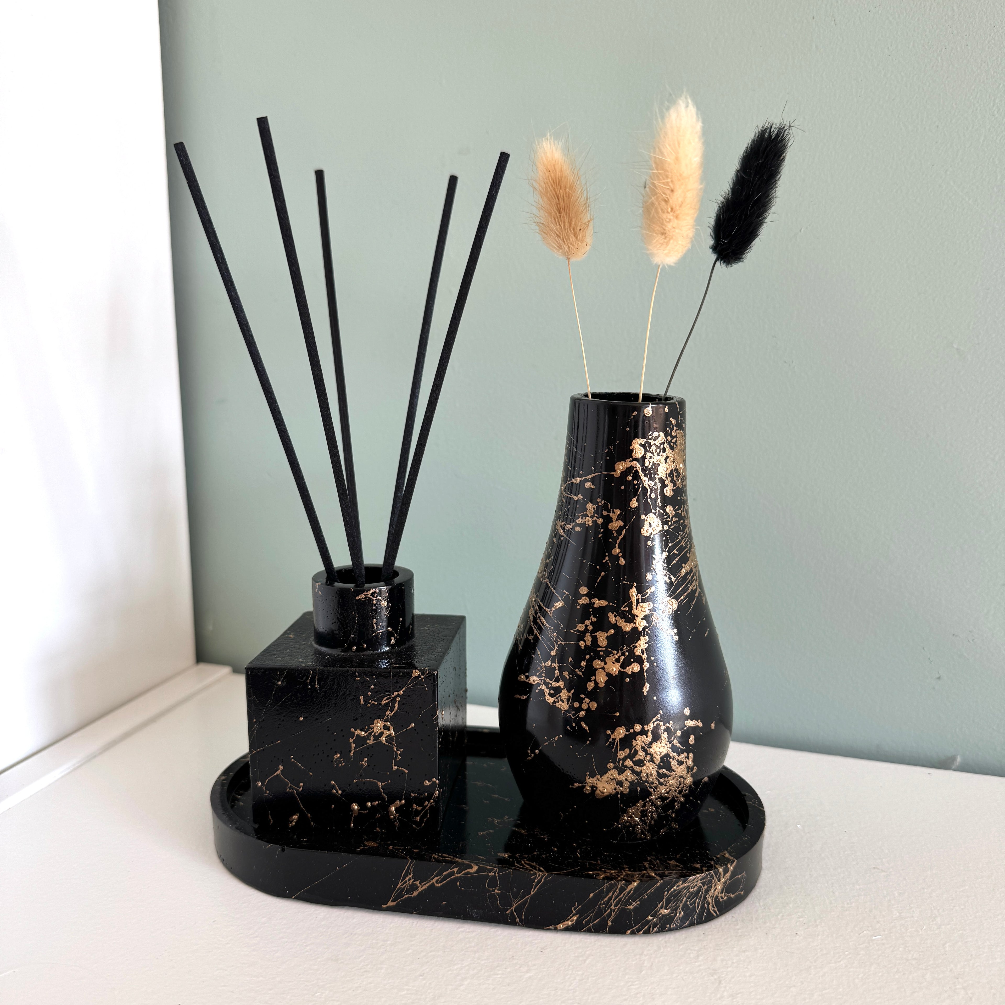 Geurstokjes houder klein vierkant zwart marmer goud