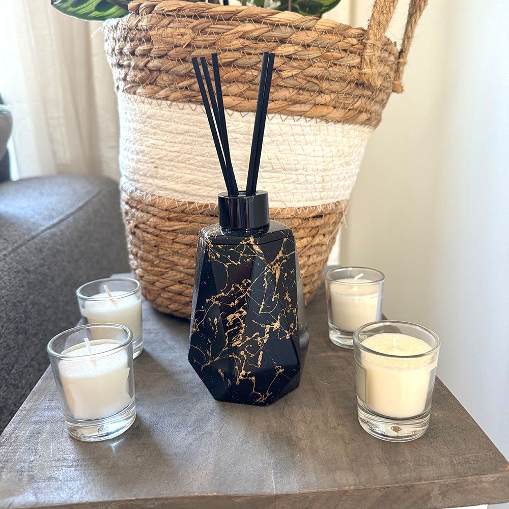 Geurstokjes houder zes-kant zwart marmer look