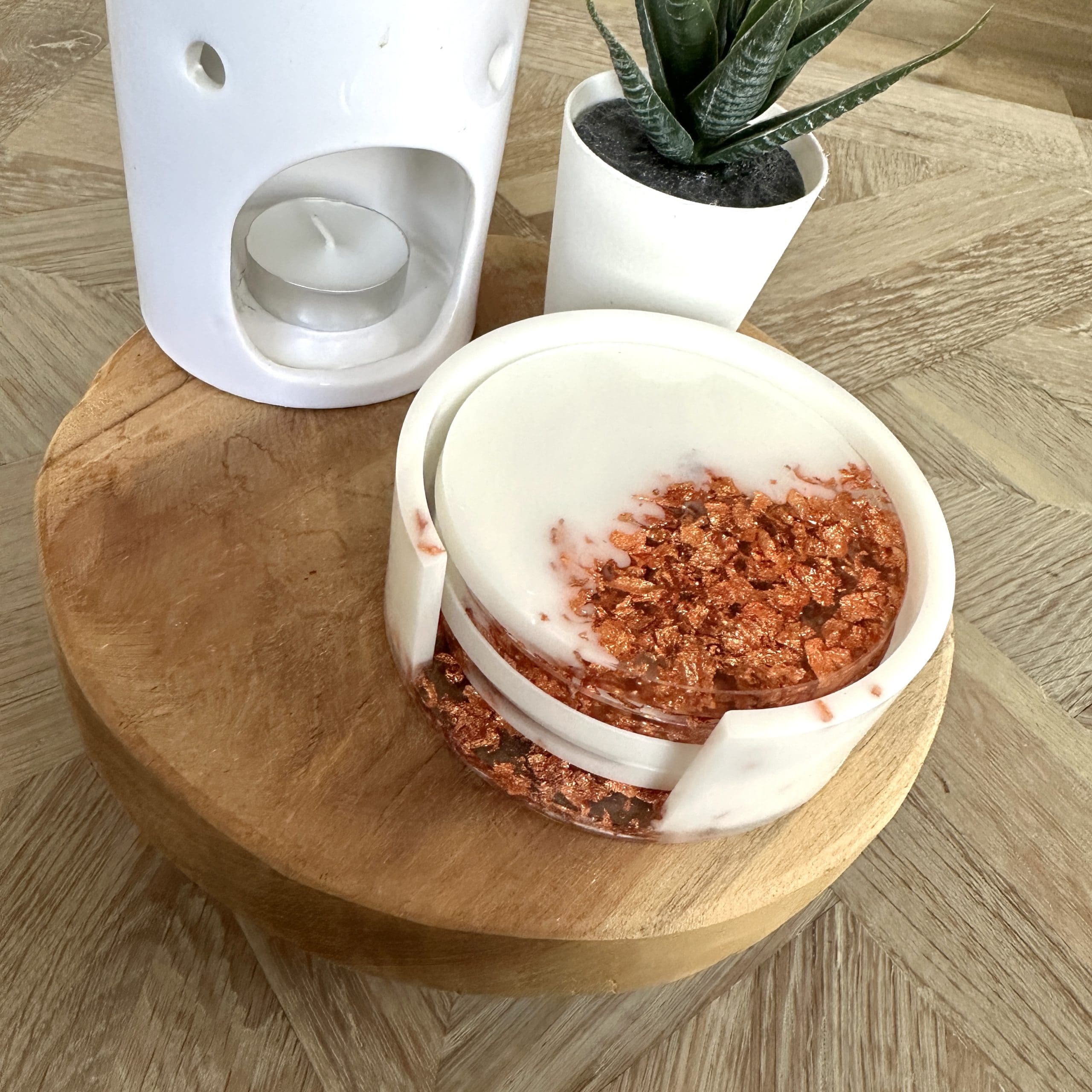 Wit met vlokken onderzetters met houder