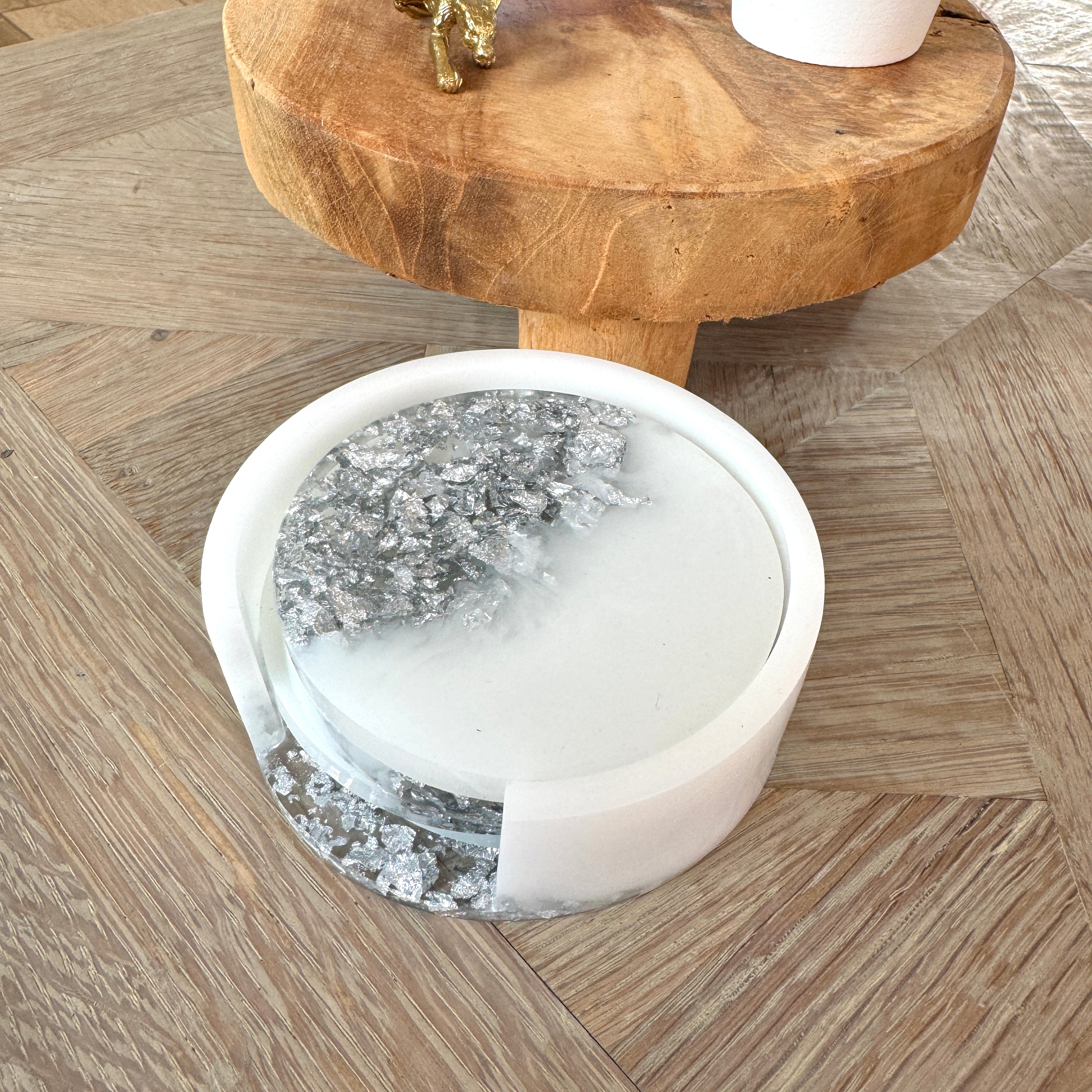 Wit met vlokken onderzetters met houder