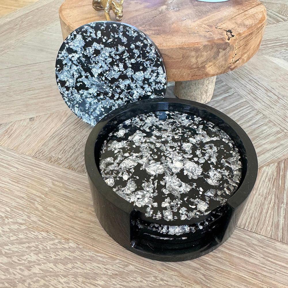 Zwart met vlokken onderzetters in houder