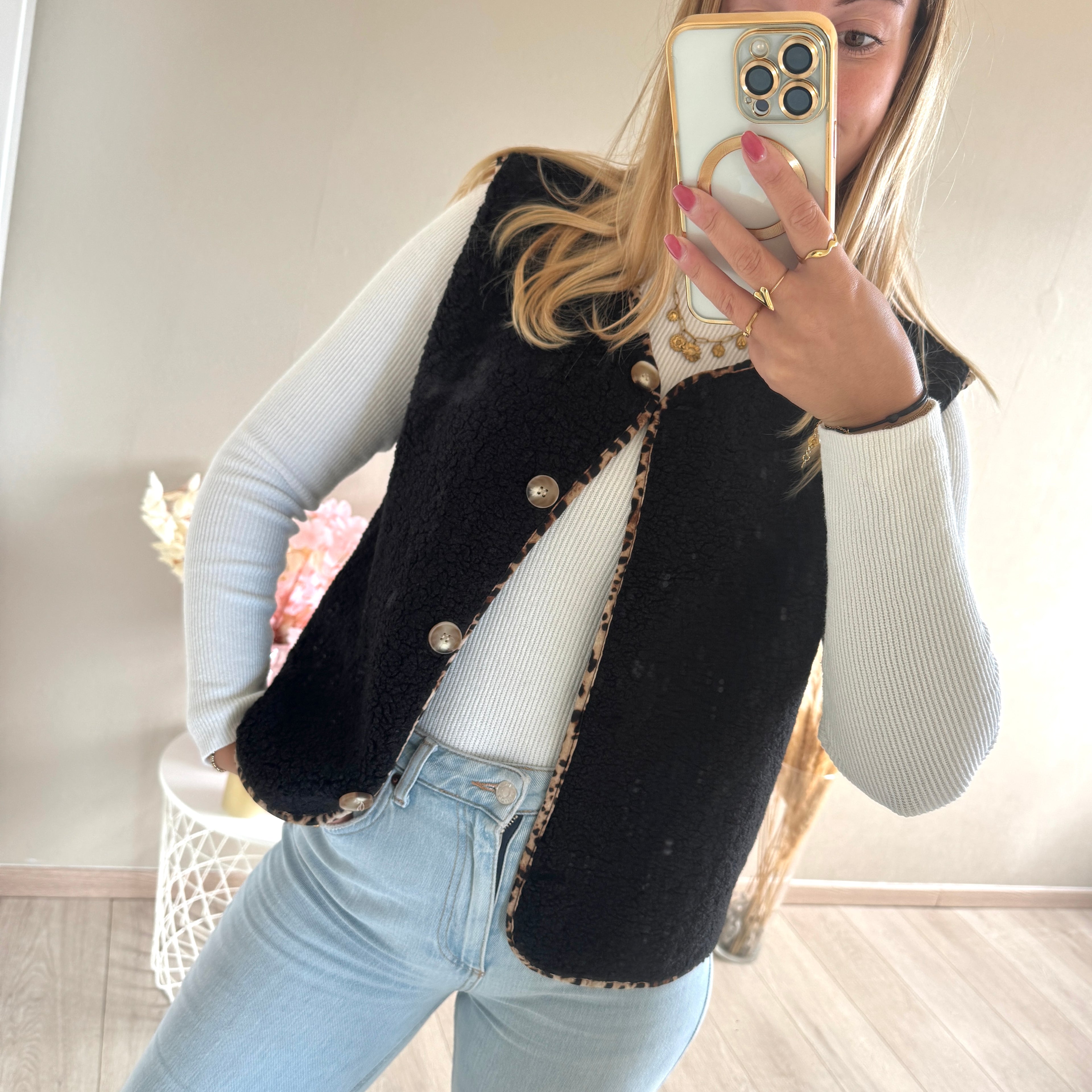 Teddy gilet met panterprint