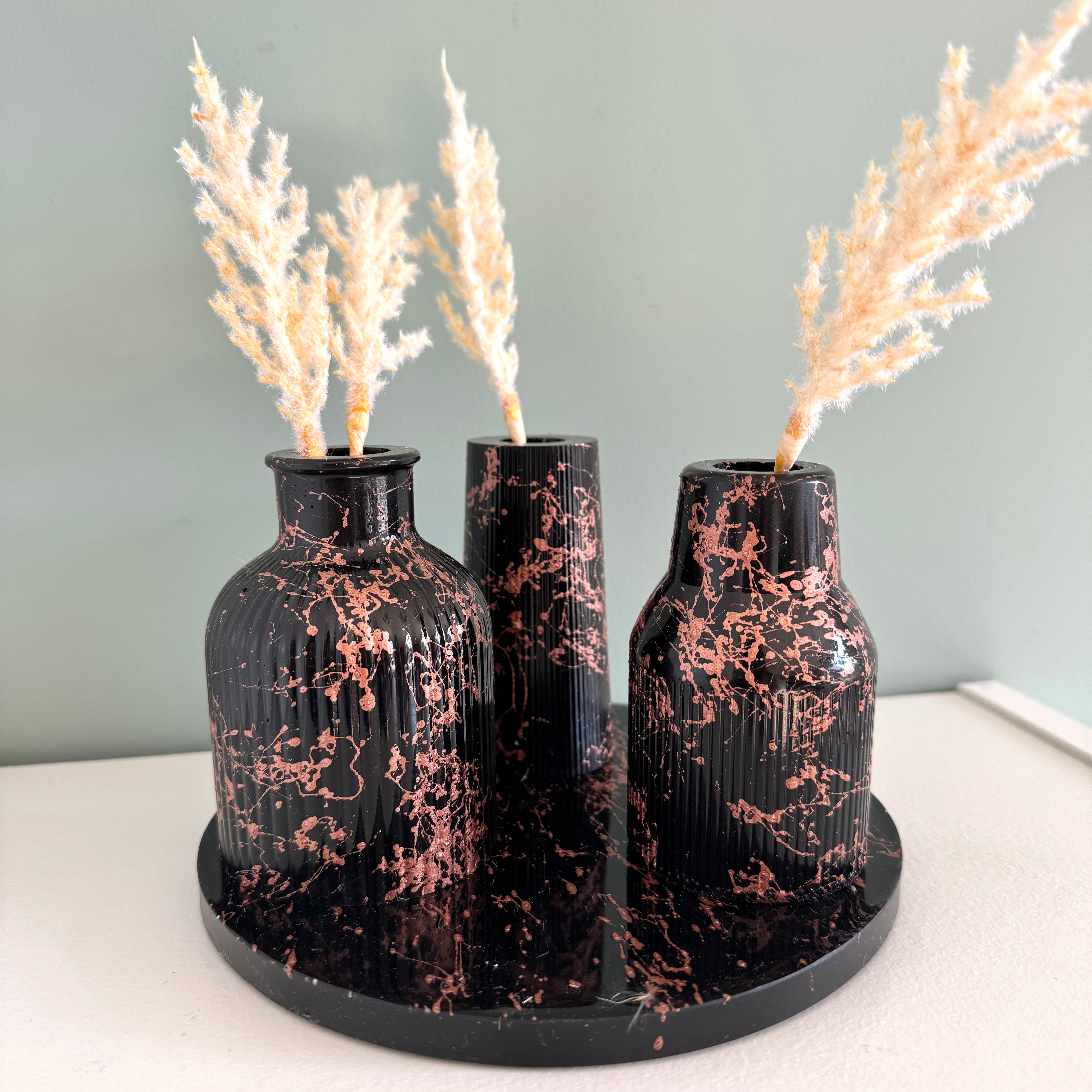 Drie decoratie vaasjes zwart marmer look